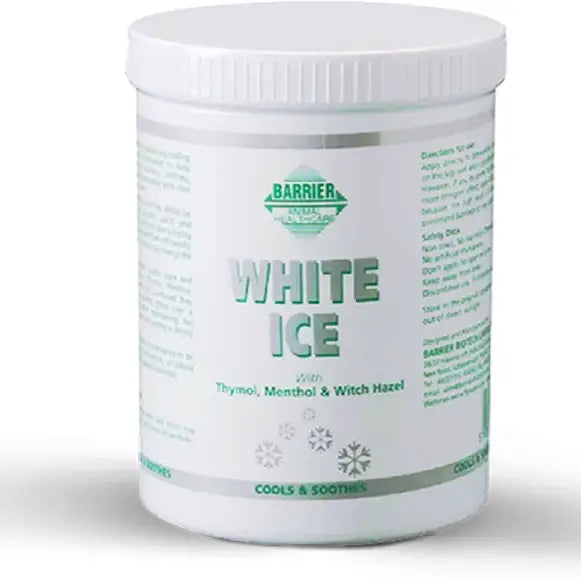 White plastic container of barrier white ice with alcohol free formula and green snowflake design to relieve soreness