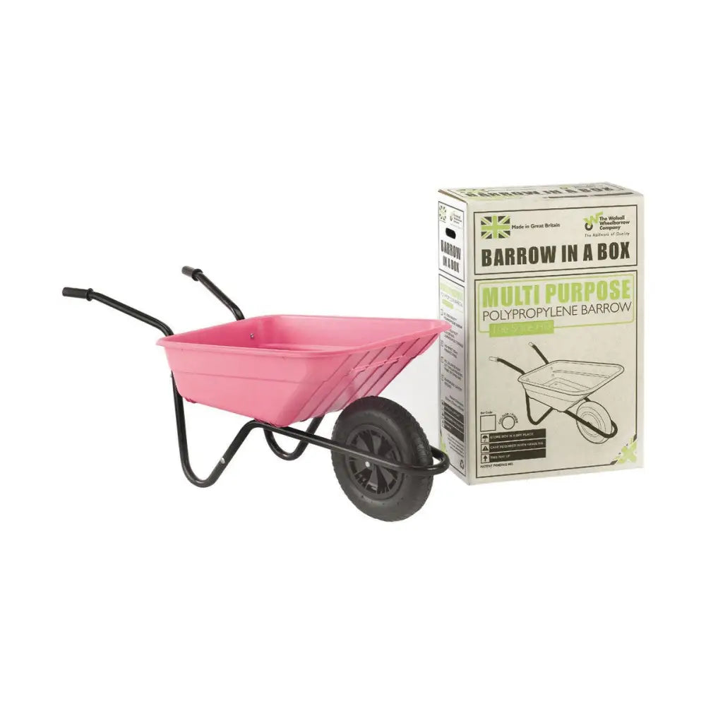 Pink polypropylene barrow in a box with black metal frame and wheels perfect for garden jobs and multipurpose use