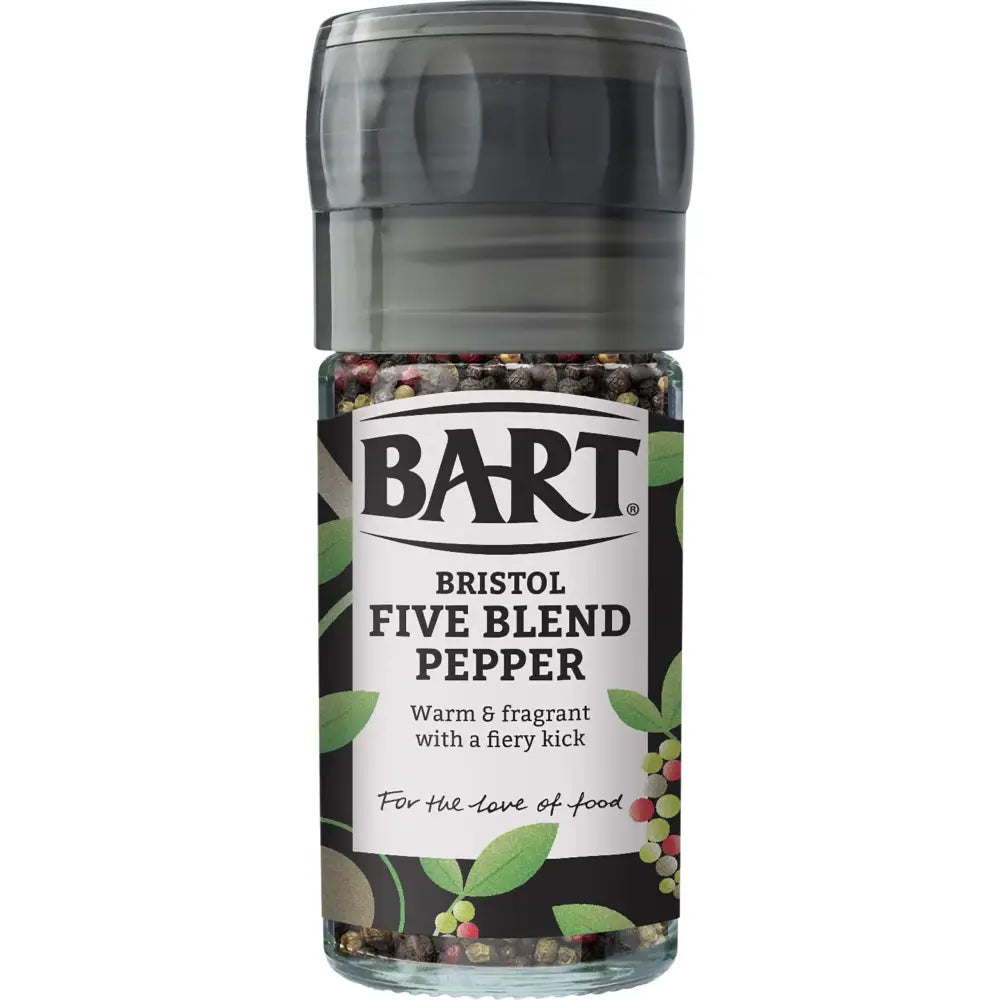 Bart bristol five blend pepper mill 35g with clear glass body and dark gray top filled with colorful peppercorns
