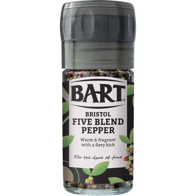 Bart bristol five blend pepper mill 35g with clear glass body and dark gray top filled with colorful peppercorns