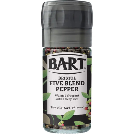 Bart bristol five blend pepper mill with clear glass body dark gray plastic top and base filled with colorful peppercorns