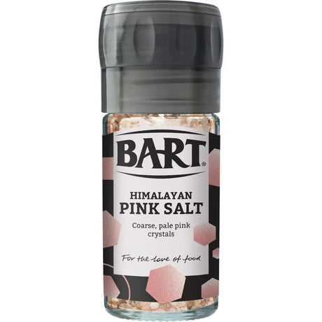 Bart pink himalayan salt mill 90g with clear glass grinder black lid and hexagonal pink patterned label