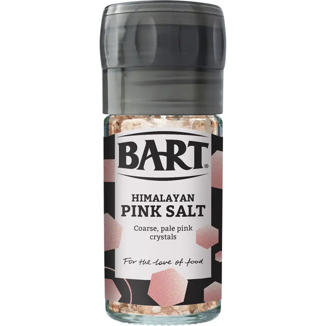 Bart pink himalayan salt mill 90g in a clear glass grinder with black lid and hexagonal pink patterned label