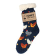 Navy blue funky sherpa socks ladies with fluffy white cuff and colourful chicken patterns featuring ultra-soft sherpa lining