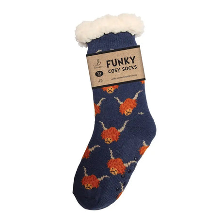 Navy blue funky sherpa socks by bartley with orange highland cow pattern and white fluffy sherpa fleece lining cuff