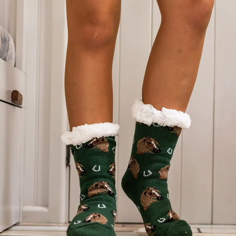 Green knit funky sherpa socks ladies with brown and white hedgehogs and plush white fleece cuffs