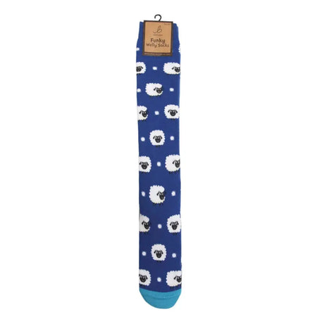 Blue funky welly socks with cute sheep faces and dots in cotton blend featuring a turquoise toe for ladies