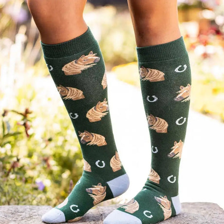 Dark green bartleby funky knee-high funky welly socks with tan horse head and white horseshoe pattern and gray toes