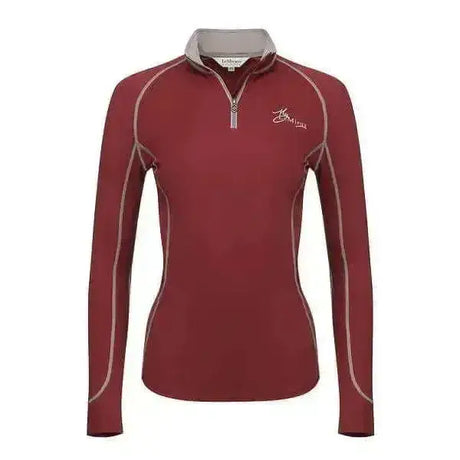Maroon long-sleeved zip-neck athletic base layer rioja lemieux with gray trim and subtle embroidered logo