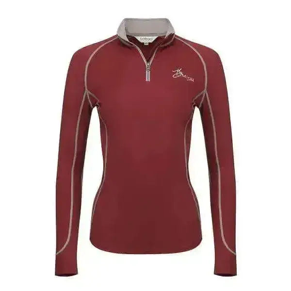 Maroon long-sleeved zip-neck athletic base layer rioja lemieux with gray trim and subtle embroidered logo