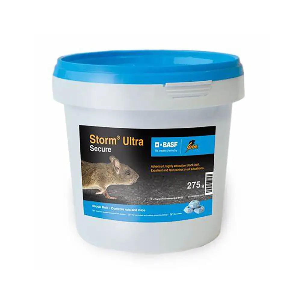 A white plastic bucket with a bright blue lid labeled basf storm ultra secure contains 275g block bait for rats and mice in extreme temperatures