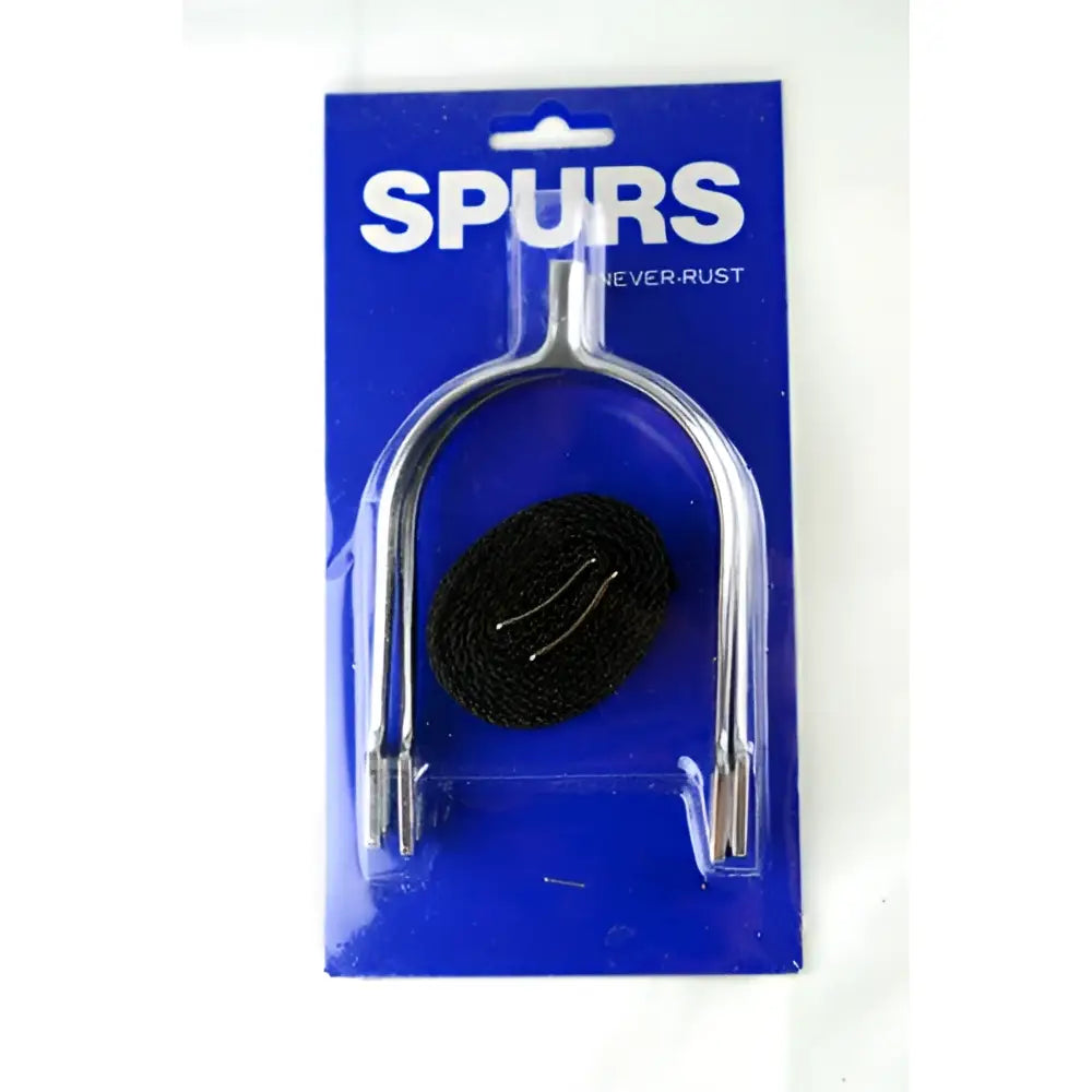 Silver metal horse spur with black leather strap in blue cardstock packaging basic set for equestrian horses