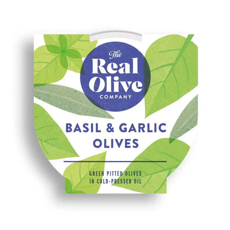 The real olive company basil and garlic mammoth pitted green olives in a white and green leaf container with cold-pressed sunflower oil