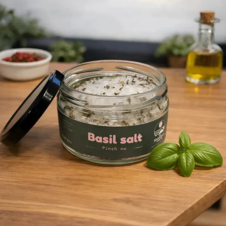 Clear glass jar of white salt mixed with green basil flakes labeled basil salt by broomhill farm herb infused salt