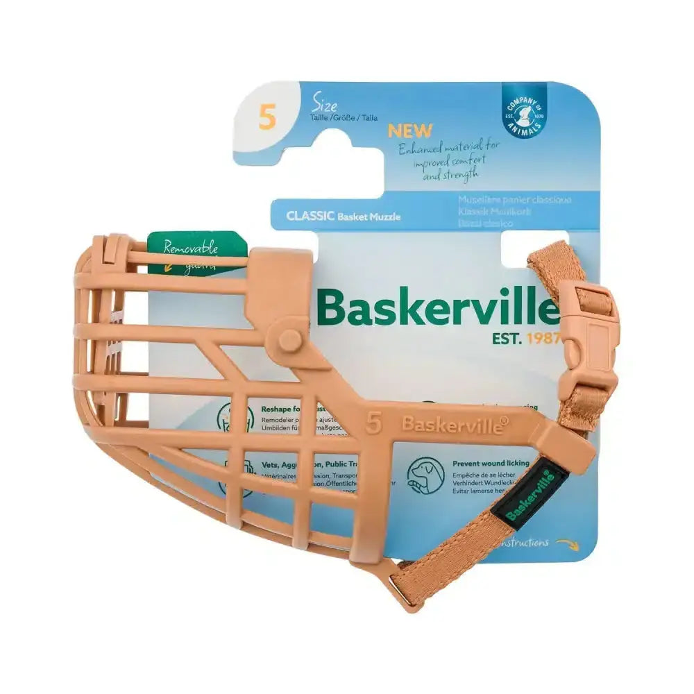 Tan baskerville classic basket muzzle made of improved thermoplastic rubber with adjustable leather strap