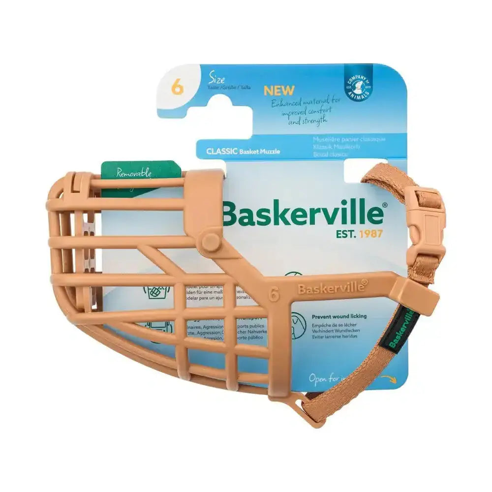 Tan plastic baskerville classic basket muzzle for dogs size 6 made with improved thermoplastic rubber for comfort