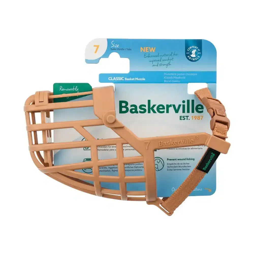 Tan baskerville classic basket muzzle with adjustable strap and reinforced improved thermoplastic rubber mesh design