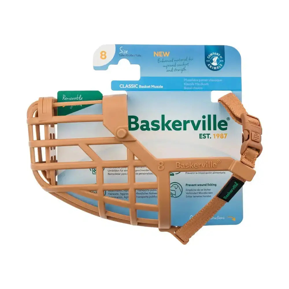 Tan plastic and leather strap baskerville classic basket muzzle made with improved thermoplastic rubber for dogs