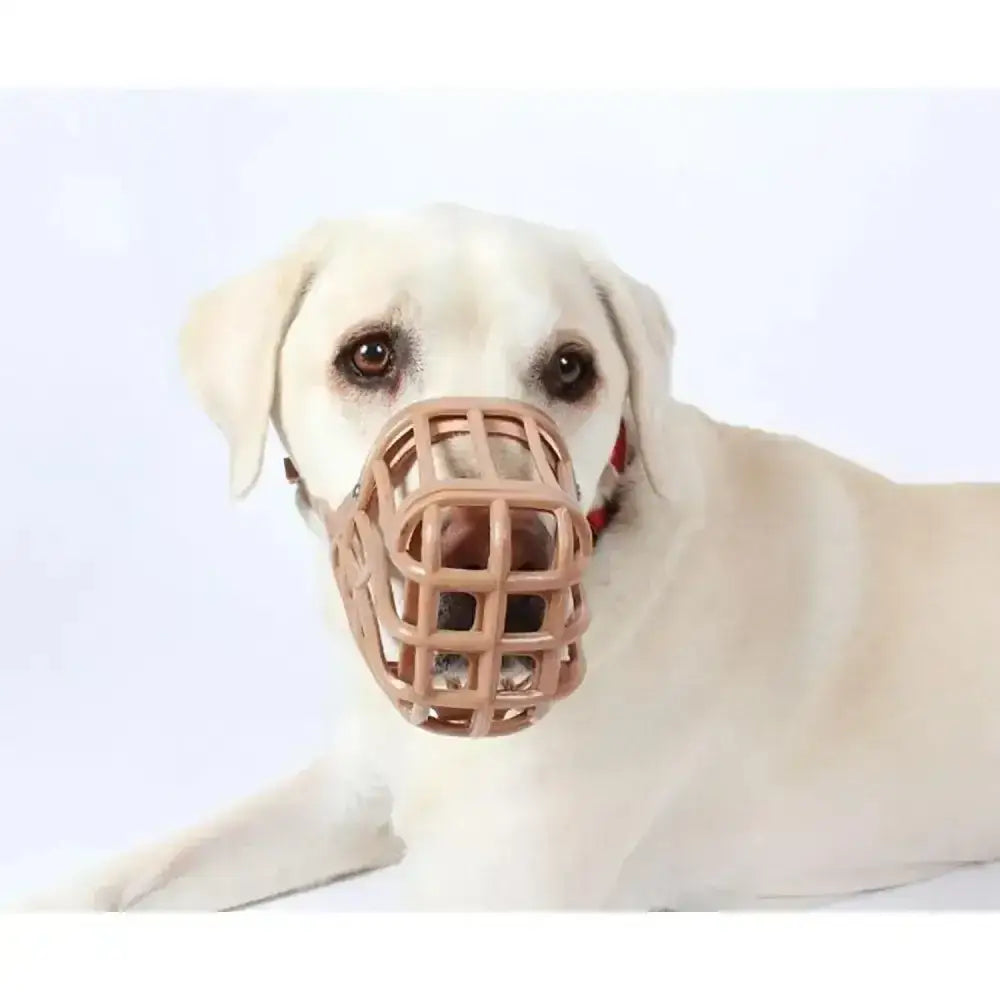 Beige baskerville classic dog muzzle made of recycled polymer with adjustable straps and plastic mesh design