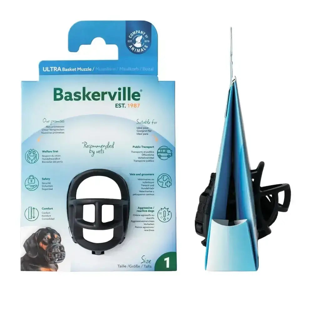Black baskerville ultra basket dog muzzle size 1 made of durable material with unique patented basket design