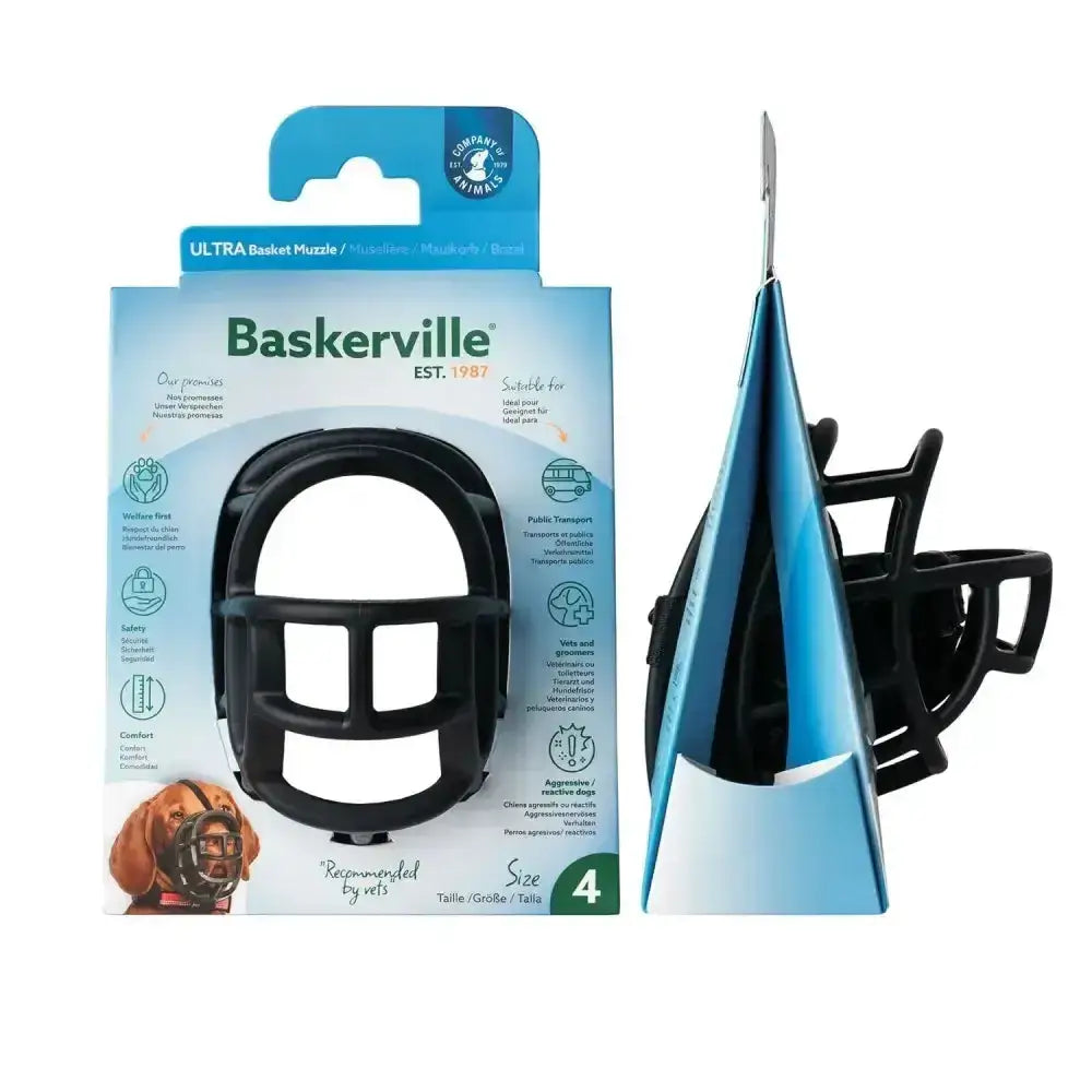 Black plastic baskerville ultra basket dog muzzle with unique patented basket design for safe dog use