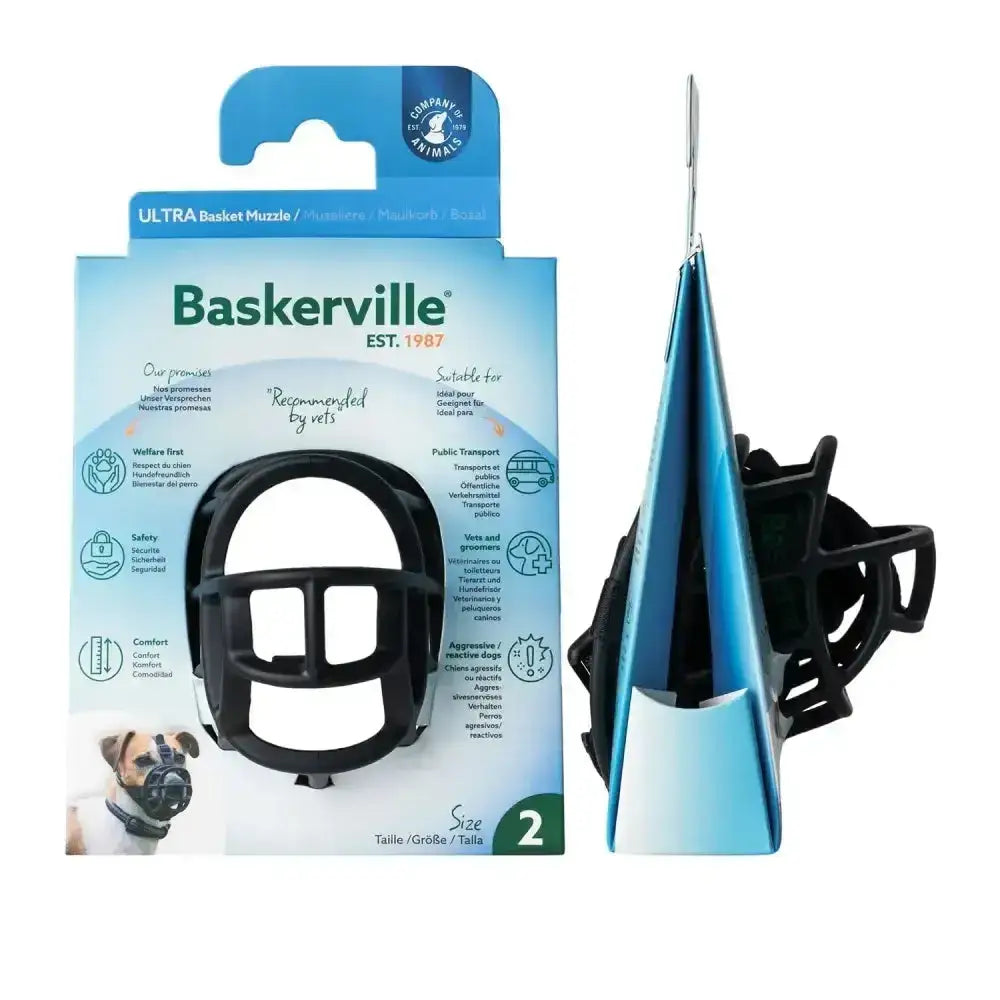 Black plastic baskerville ultra basket dog muzzle size 2 featuring unique patented muzzle design for safe use