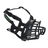 Black plastic and fabric baskerville ultra dog muzzle with green branding strap offers maximum safety for dogs