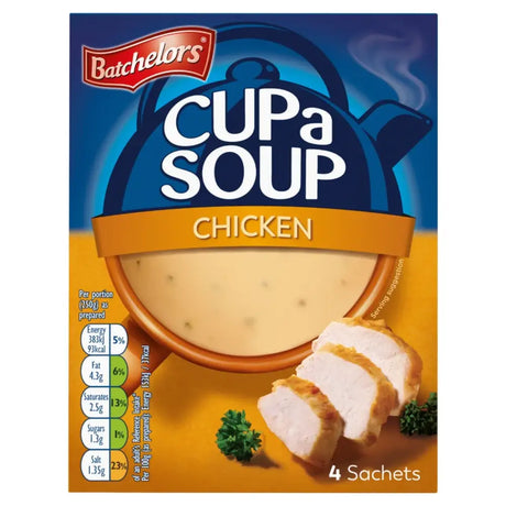 Batchelors cup a soup chicken 81g in blue and orange pack with steaming soup and sliced chicken illustration