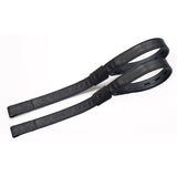 Black leather bates webbers strap with embossed logo and reinforced stitching for rider’s thigh support