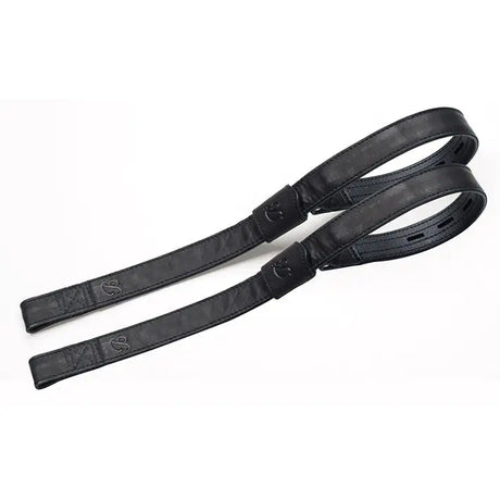 Black leather bates webbers strap with embossed logo and reinforced stitching for rider’s thigh support