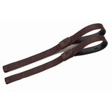 Brown leather bates webbers camera strap with stitched edges and embossed logo perfect for rider’s thigh support