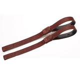 Brown leather bates webbers camera strap with stitched edges and embossed logo on buckle perfect for rider’s thigh use