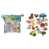 Farm-themed bath time stickers in green-trimmed clear bag with colorful reusable magnetic sheets to make bathtime fun