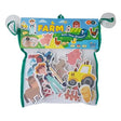 Farm-themed reusable bath time stickers with colorful cartoon animals and vehicles in a mesh bag to make bathtime fun