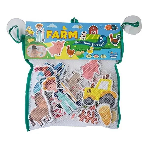 Farm-themed reusable bath time stickers with colorful cartoon animals and vehicles in a mesh bag to make bathtime fun