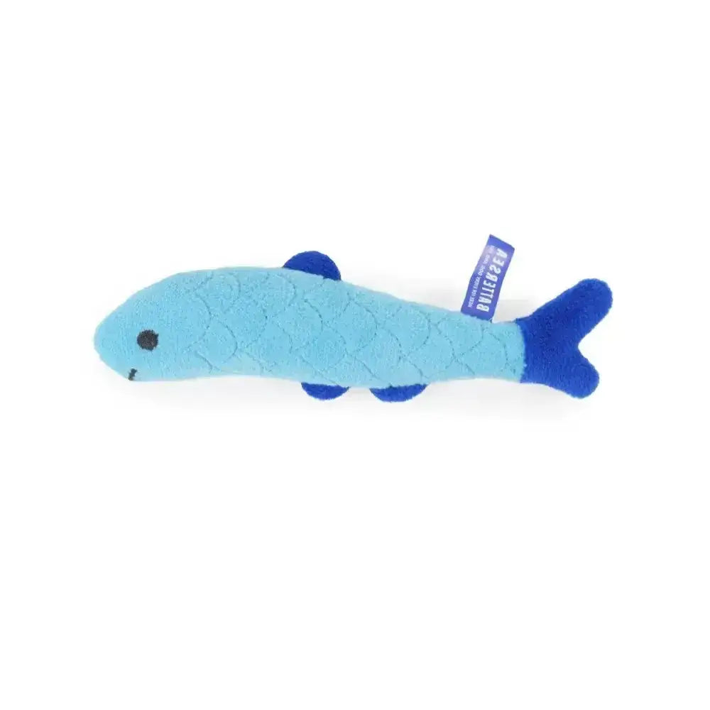 A soft light blue plush fish toy with darker fins from battersea daily catch three catnip fish made for cats