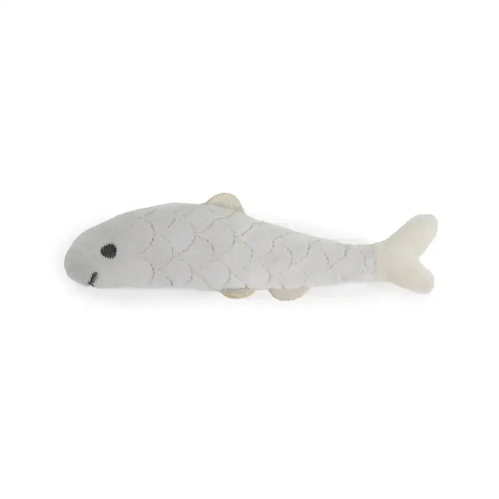 A battersea daily catch soft light gray plush catnip fish made with embroidered eyes and subtle stitched scales