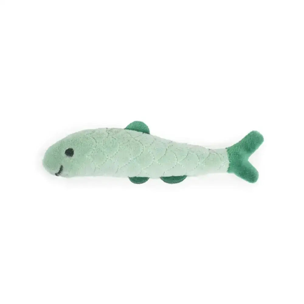 Battersea daily catch soft mint-green plush catnip fish made with darker green fins and simple embroidered face