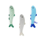 Three catnip fish from battersea daily catch in pastel green gray and blue with embroidered eyes and stitched scales
