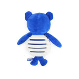 Blue plush battersea rubber belly bear with white striped belly soft fabric and multi-textured tough toy to satisfy natural chewing instincts