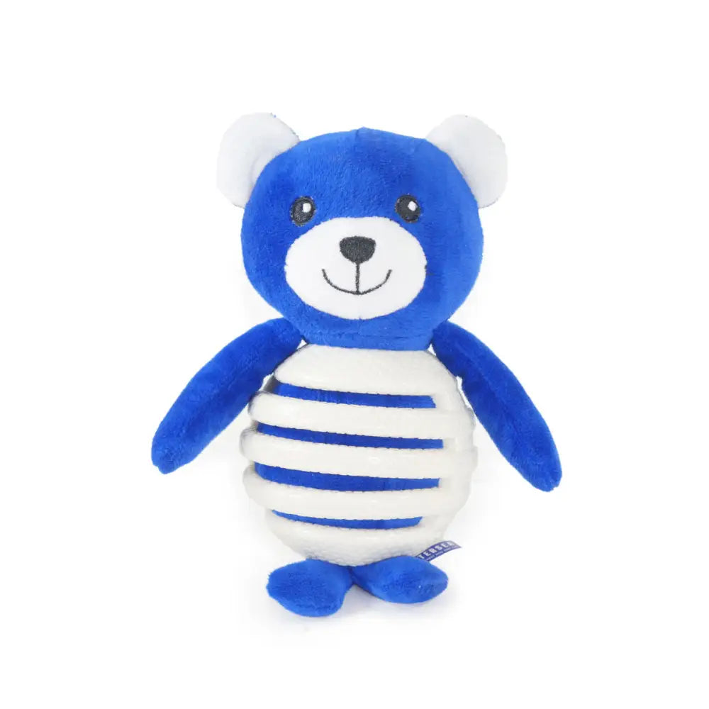 Blue plush battersea rubber belly bear with white ears and striped belly is a multi-textured tough toy to satisfy natural chewing instincts