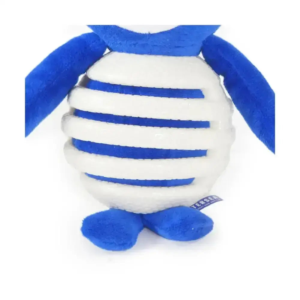 Battersea rubber belly plush penguin toy with blue and white stripes soft fabric body and multi-textured tough toy design