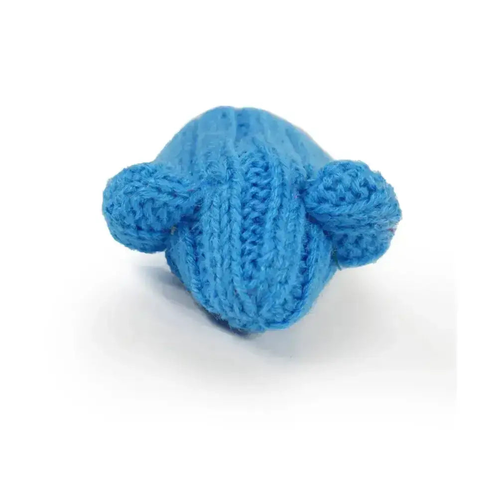 A knitted blue bear shaped hat with textured stitches and rounded ears from battersea tune chaser mice motion activated sounds