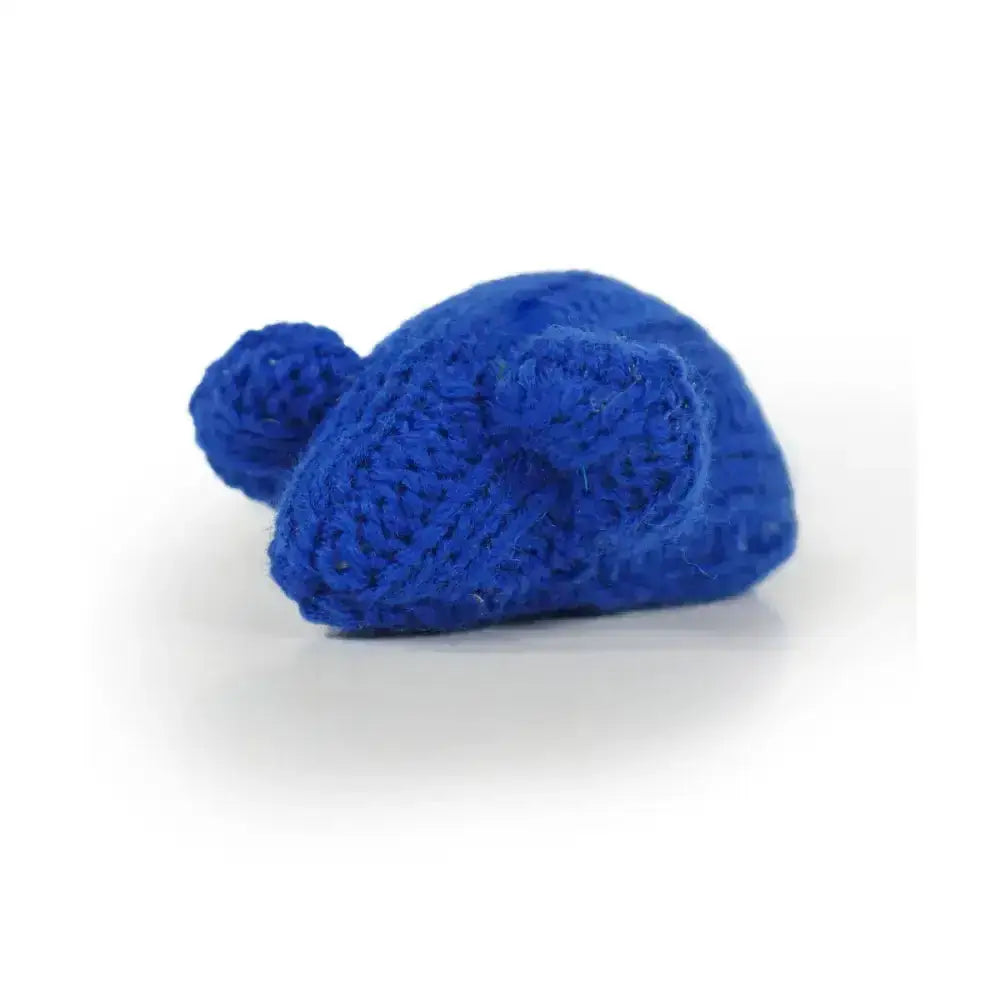 A knitted blue bear toy from battersea tune chaser mice with textured handcrafted look and motion activated sounds