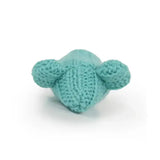 A soft teal crocheted bear toy from battersea tune chaser mice with motion activated sounds and textured knit pattern