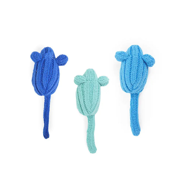 Three knitted battersea tune chaser mice in blue and teal with textured knit and motion activated sounds