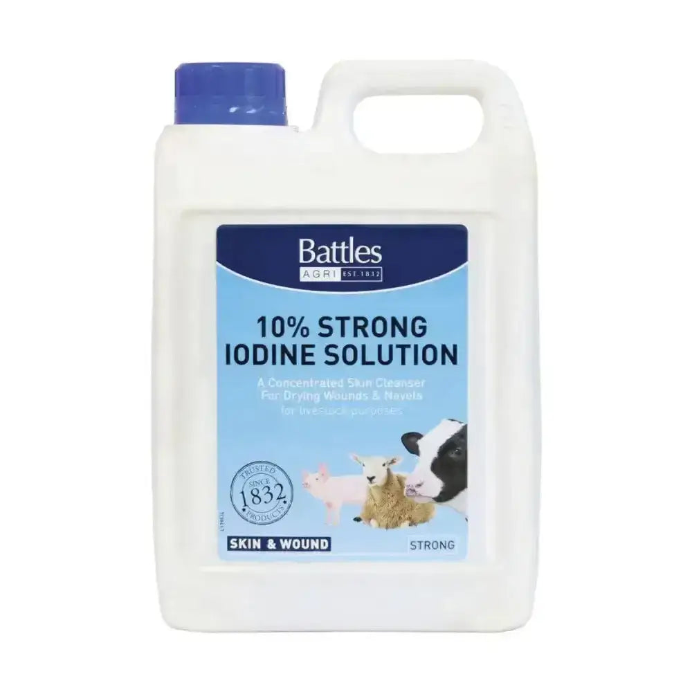 White plastic jug with blue cap and label of battles iodine solution disinfectant for concentrated skin cleanser use