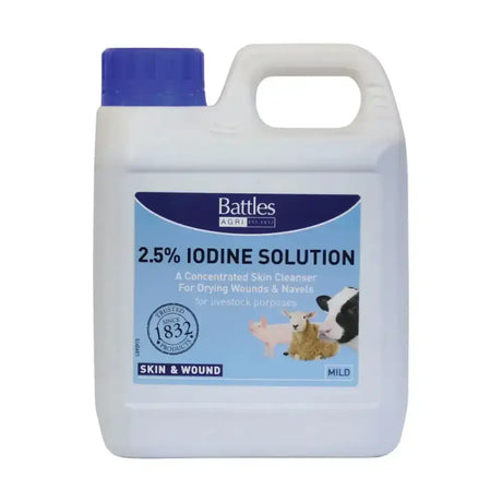 White plastic jug with blue cap and battles agri label containing battles 2.5 percent iodine solution skin cleanser