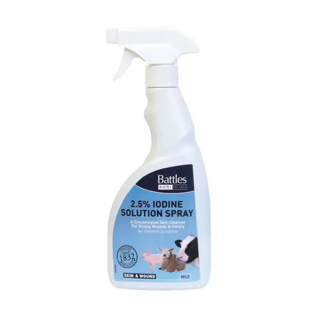 White plastic battles 2.5% iodine spray with blue label for animal husbandry mild purpose skin cleanser