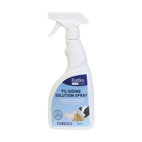 White plastic battles strong iodine spray bottle with blue farm animal label for concentrated skin cleanser use